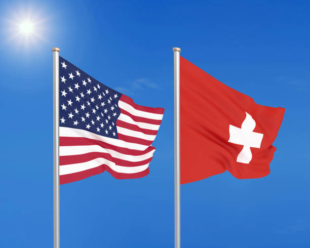 stany zjednoczone ameryki vs szwajcaria. grube kolorowe jedwabiste flagi ameryki i szwajcarii. ilustracja 3d na tle nieba. - ilustracja - switzerland flag computer graphic digitally generated image zdjęcia i obrazy z banku zdjęć