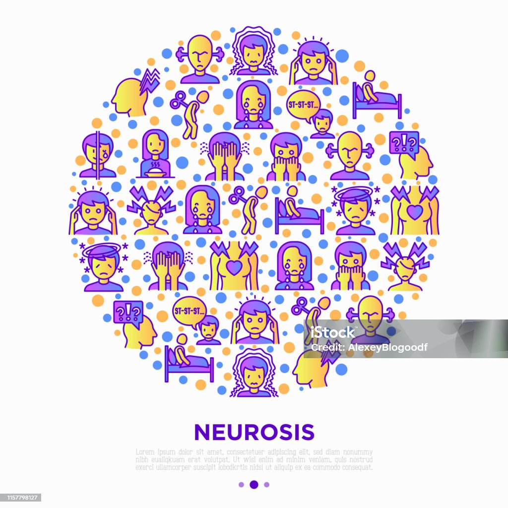 Neurosis concept in circle with thin line icon: panic attack, headache, fatigue, insomnia, despair, phobia, mood instability, stuttering, psychalgia. Vector illustration, print media template. - Royalty-free Ansiedade arte vetorial