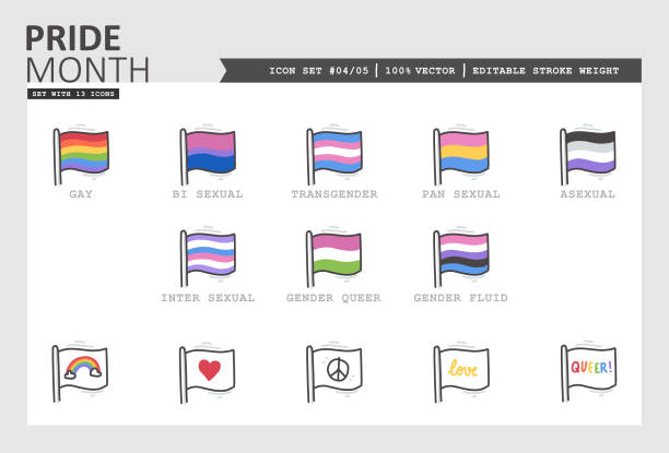 Pride Month Vector Icon Set #04/05 Drawn by hand vector icon set with pride month theme. Use the colorfull cliparts to highlight LGBTQ topics. There are 4 additional sets to support queer topics with even more icons. pride flag icon stock illustrations