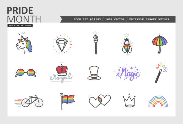 Pride Month Vector Icon Set #02/05 Drawn by hand vector icon set with pride month theme. Use the colorfull cliparts to highlight LGBTQ topics. There are 4 additional sets to support queer topics with even more icons. marriage equality stock illustrations
