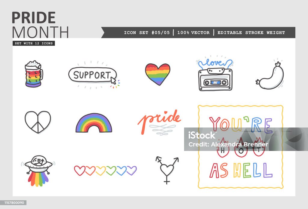 Pride Month Vector Icon Set #05/05 Drawn by hand vector icon set with pride month theme. Use the colorfull cliparts to highlight LGBTQ topics. There are 4 additional sets to support queer topics with even more icons. Pride stock vector