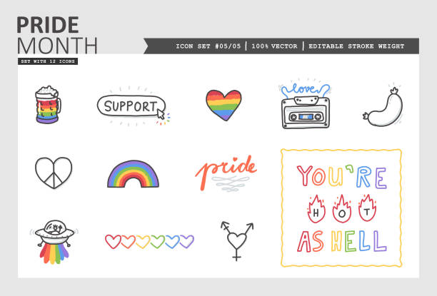 Pride Month Vector Icon Set #05/05 Drawn by hand vector icon set with pride month theme. Use the colorfull cliparts to highlight LGBTQ topics. There are 4 additional sets to support queer topics with even more icons. vienna sausage stock illustrations