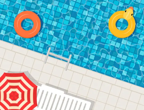 Vector illustration of Swimming pool with swimming rings, umbrella and deck chair.