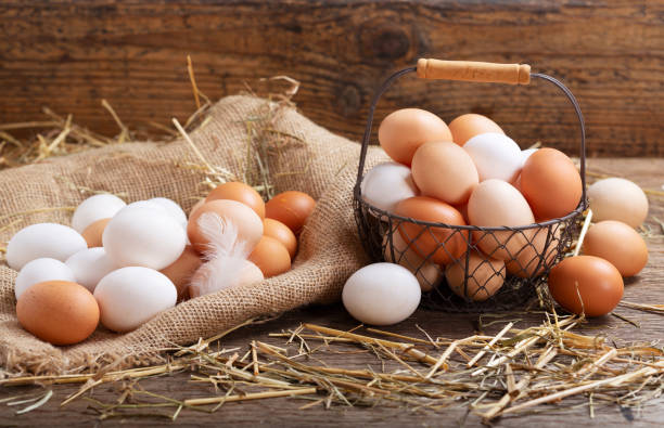 istock basket of colorful fresh eggs on wooden table 1157804755