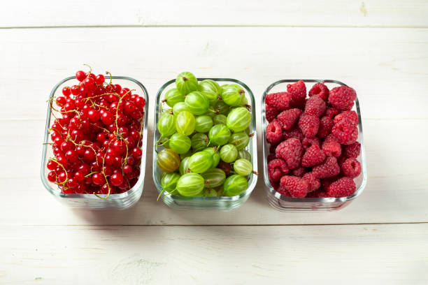 different summer berries red currant, gooseberry, raspberry in glass trays. - berry fruit currant variation gooseberry imagens e fotografias de stock