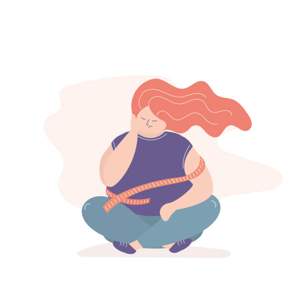 Unhappy fat woman with measuring tape, weight problem, vector art illustration