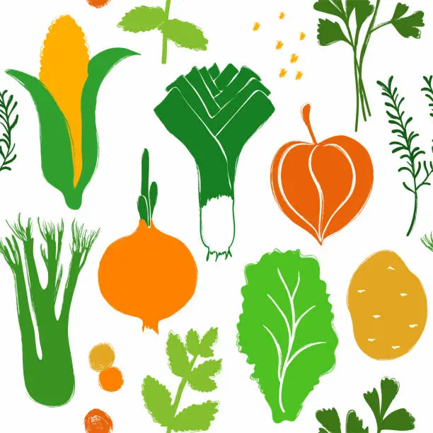 Vector illustration of Colorful Vegetables Seamless Pattern.