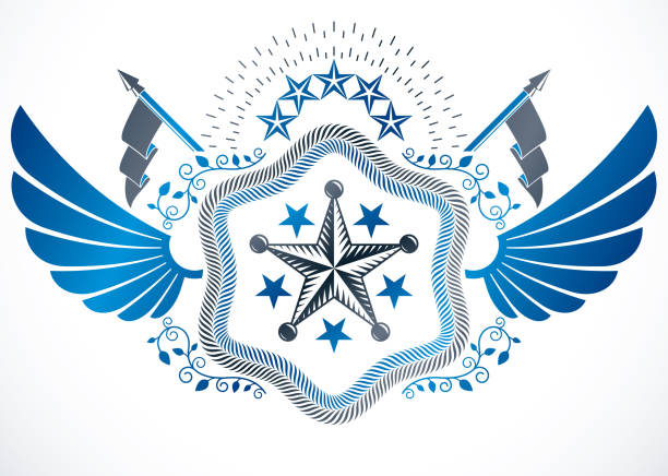 벡터 헤럴드 디자인으로 만든 빈티지 엠블럼과 오각형 별과 독수리 날개를 사용하여 만든 - symbol military star eagle stock illustrations