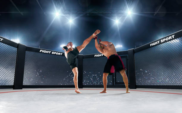 lutadores de mma no ringue. - kickboxing muay thai exercising sport - fotografias e filmes do acervo