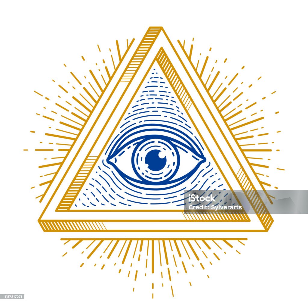 All seeing eye of god in sacred geometry triangle, masonry and illuminati symbol, vector emblem design element. Pyramid stock vector