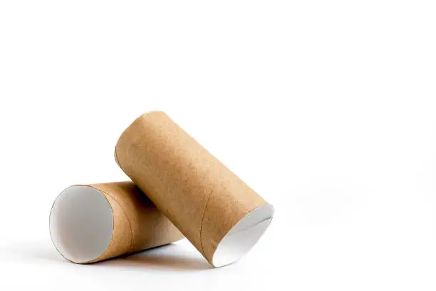 Close-up of empty toilet rolls. Two cardboard paper tubes on white background. Copy space.