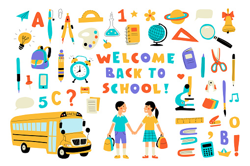 Welcome back to school, cute doodle set with lettering. Funny pupils, cartoon boy and girl, school bus and supplies. Hand drawn colorful vector illustration, isolated on white.