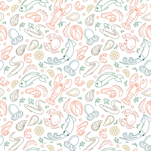Seamless pattern with seafood elements Seamless pattern with seafood elements. Linear style vector illustration. Suitable for wallpaper, wrapping or textile seafood stock illustrations