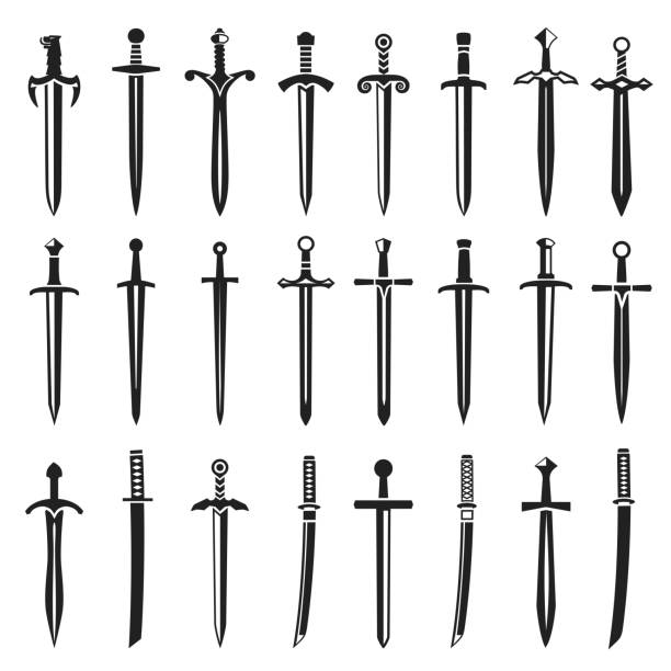 Swords on white background Swords in flat style and silhouettes isolated on white background. Icon set of ancient swords. Vector illustration. Medieval swords. Japanese sword katana. Military sword ancient weapon design silhouette. European straight swords military symbol computer icon war stock illustrations