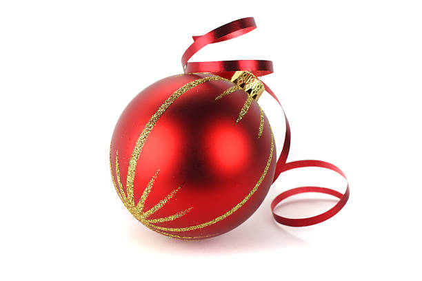 istock Single red and gold bauble with ribbon isolated on white 115782262