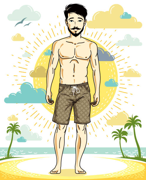 수염과 수염을 가진 잘 생긴 브루넷 남자가 반바지를 입고 열대 해변에서 포즈를 취하고 있습니다. 벡터 문자입니다. 여름 휴가 테마입니다. - men swimwear full length fashion model stock illustrations