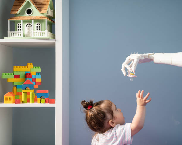 Humanoid Robotic Hand Giving Pacifier To Baby