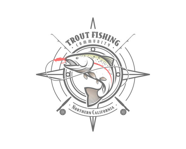 illustrazioni stock, clip art, cartoni animati e icone di tendenza di emblema pesca trota - trout