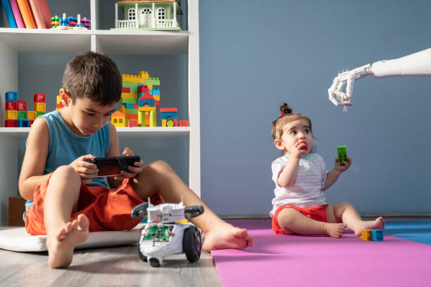 istock Humanoid Robotic Hand Giving Pacifier To Baby 1157826706