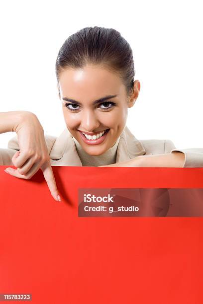 Happy Young Business Woman Showing Blank Red Signboard Isolated Stock Photo - Download Image Now