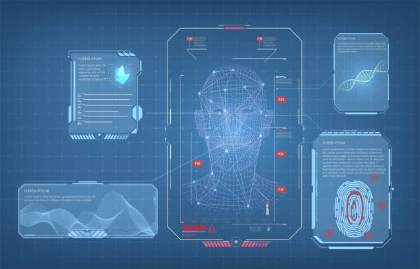 Biometric Identification or Recognition System of Person. The facial recognition technology Fingerprint, Voice.Recognition System Concept (Authentication). Set HUD GUI UI Elements. Vector Biometric Identification or Recognition System of Person. The facial recognition technology Fingerprint, people borders stock illustrations