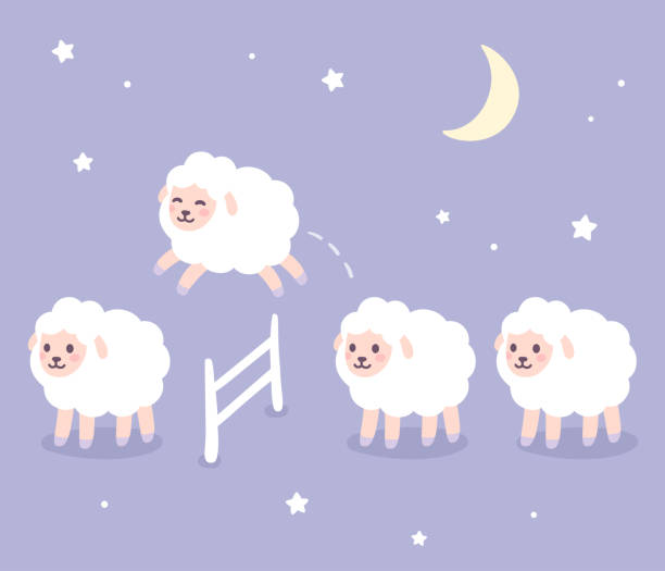 Cute sheep jumping over fence Cute cartoon sheep jumping over fence, good night drawing. Counting sheep for insomnia. Night sky with stars and moon. Hand drawn vector clip art illustration. sheep stock illustrations