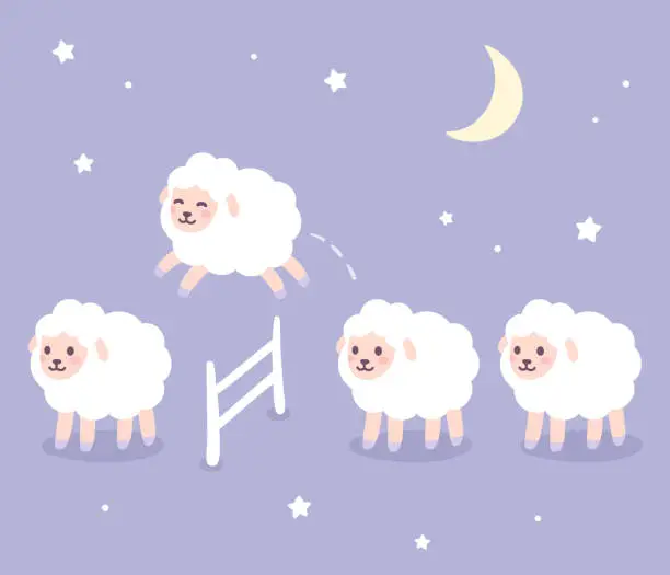 Vector illustration of Cute sheep jumping over fence