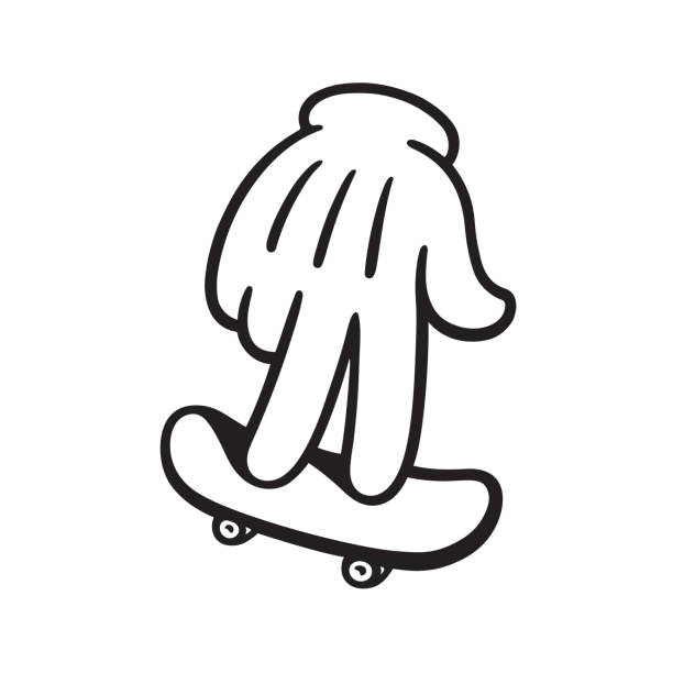 Hand with fingerboard Cartoon style hand with fingerboard, skateboard for fingers. Black and white drawing of little toy board. skateboard tattoo stock illustrations
