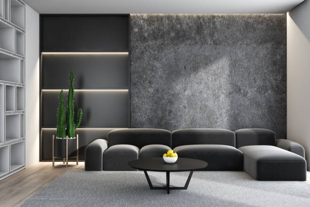 istock Concrete living room interior with gray sofa 1157837399