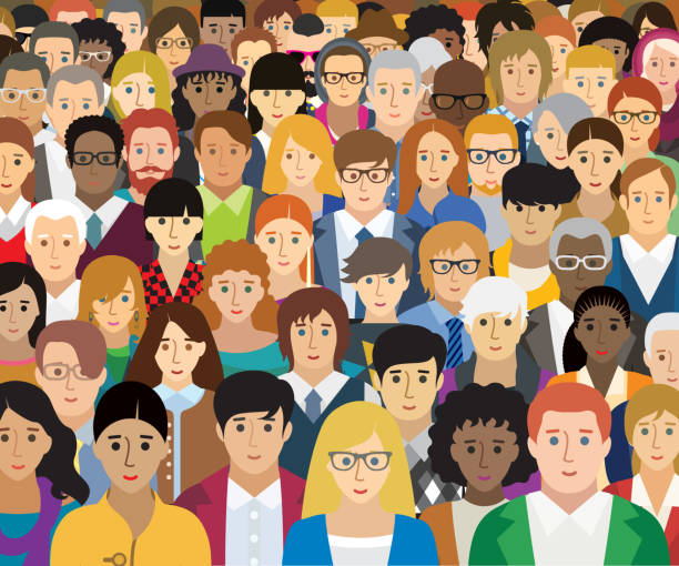 Vector illustration of people with different characteristics. Each character is individual and is not repeated in the illustration. (option face) Multicolored vector illustration. mixed age range stock illustrations