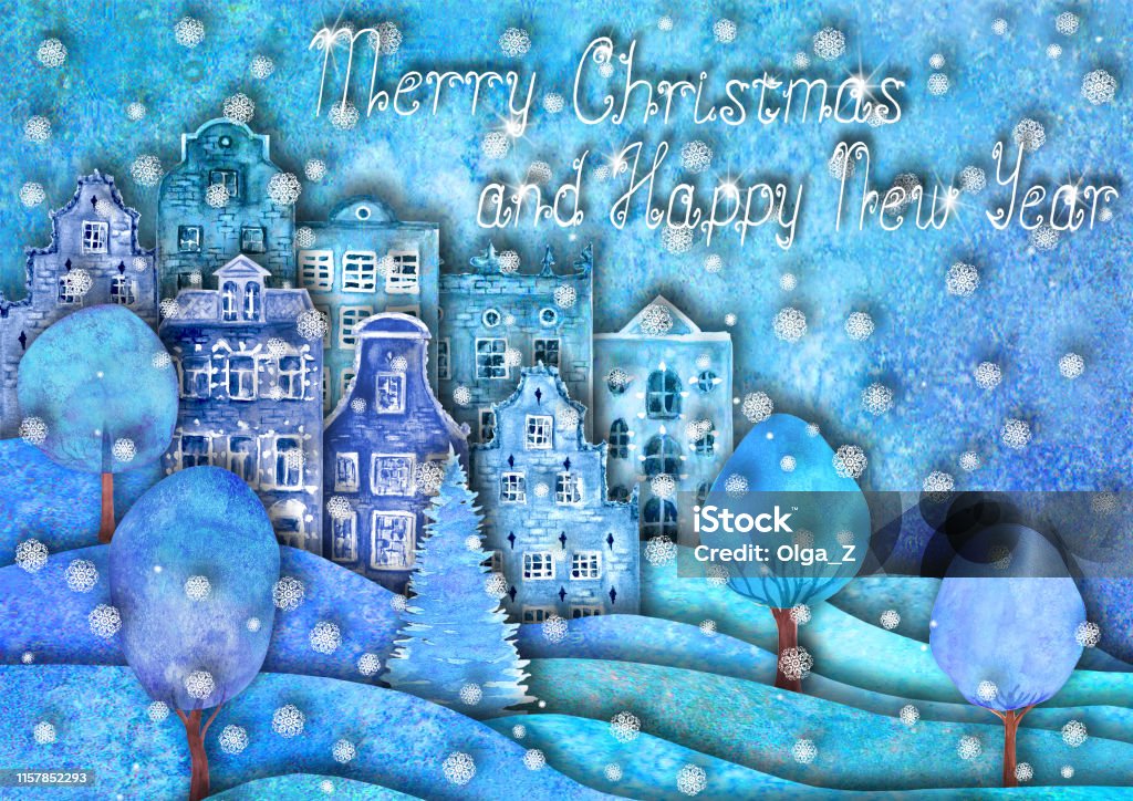 Happy new year and Merry christmas design. Watercolour hand drawn hills, houses, trees, snowflakes Happy new year and Merry christmas design. Watercolour hand drawn hills, houses, trees, snowflakes on purple blue teal background with lettering. Paper cut art craft style, 3d effect imitation. 2020 stock illustration