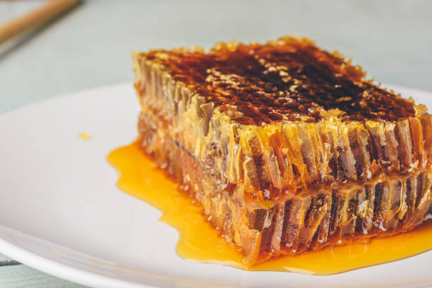istock Sweet honeycomb on light background 1157854716