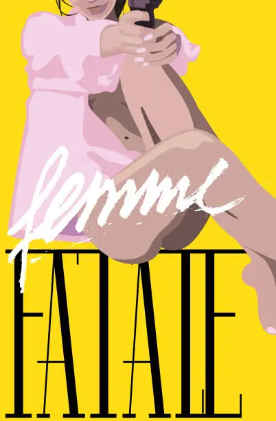 Vector illustration of Poster with a young woman holding a gun. Femme Fatale. Vector illustration