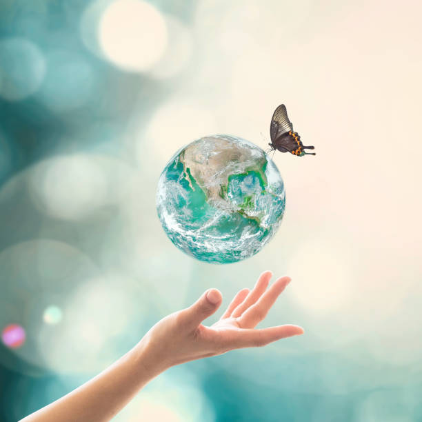 istock World environment day, ecology and ozone layer protection concept with woman's hand supporting earth planet under sun light flare with beautiful butterfly: Elements of this image furnished by NASA 1157858247