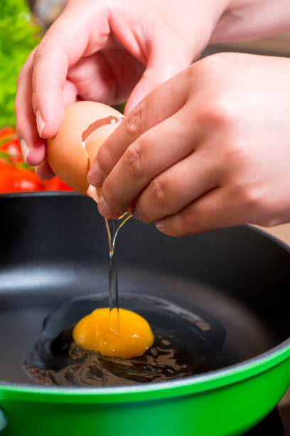 istock close up of female hands breaking eggs into the pan for cooking scrambled eggs 1157858598