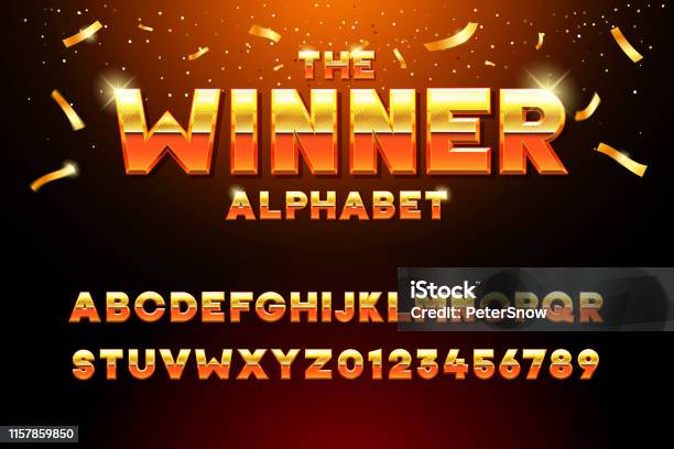 The Winner Alphabet Vector Golden Glossy Three Dimensional Font Effect In Orange And Yellow Metal Typeface Withy Golden Bars And Stars Inside Luxury Alphabet Design For Casino Premium Business Videogames And Other Concepts Stock Illustration - Download Image Now