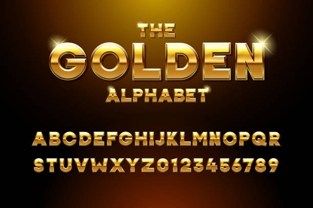 ilustrações de stock, clip art, desenhos animados e ícones de vector golden glossy three dimensional font effect. yellow metal typeface withy golden bars and stars inside. luxury alphabet design for casino, premium business, videogames and other concepts - capital letter