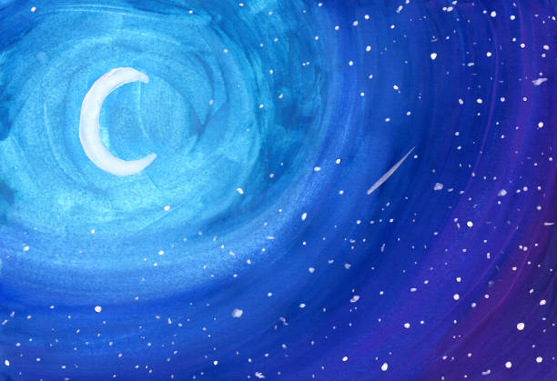 istock Fairy tale moon among blue clouds and stars at night in gouache. 1157860979