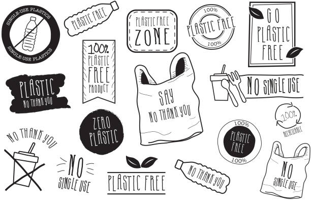 Set of hand drawn No Plastic Label designs in black and white Vector illustration of a Set of hand drawn No Plastic Label designs in black and white. Includes sayings and phrases such as No Single Use Plastic, Plastic Free. Illustrative elements include plastic bags, water bottles, plastic fork and spoon, fast food soda drink cup. Fully editable EPS 10. plastic-free stock illustrations