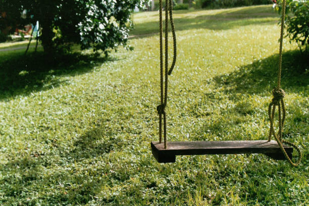 simple árbol de madera swing sobre hierba verde - old plank outdoors selective focus fotografías e imágenes de stock