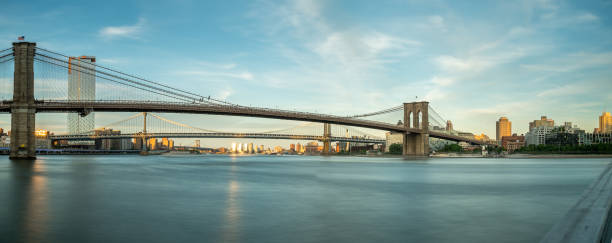 istock Panoramic View of Three Main NYC Bridges At Dusk From Dock 1157878496