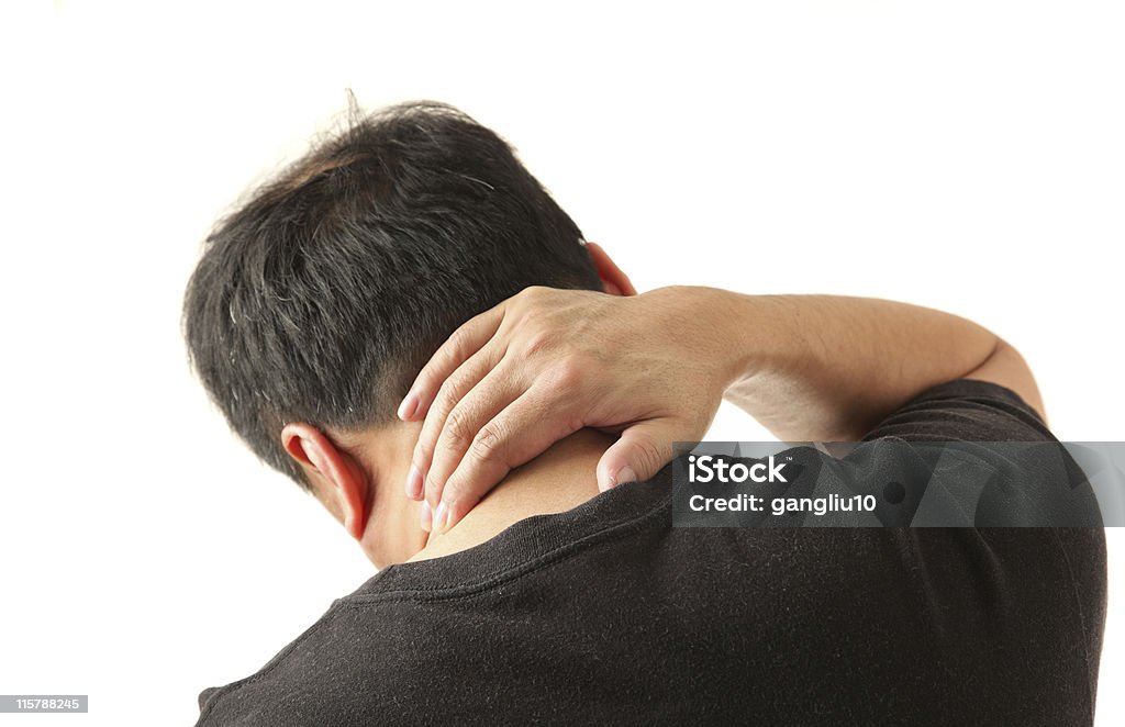 Neck pain Man with neck pain isolated on white Adult Stock Photo