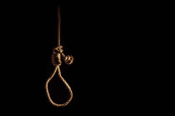 Noose of braided rope on a gloomy dark background, failure or suicide concept Noose of braided rope on a gloomy dark background, failure or suicide concept hangmans noose stock pictures, royalty-free photos & images