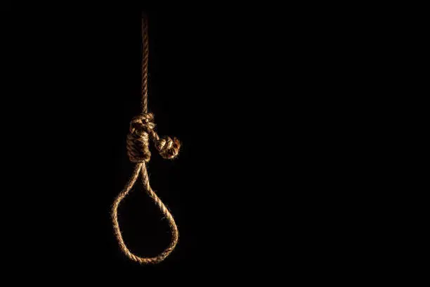 Noose of braided rope on a gloomy dark background, failure or suicide concept
