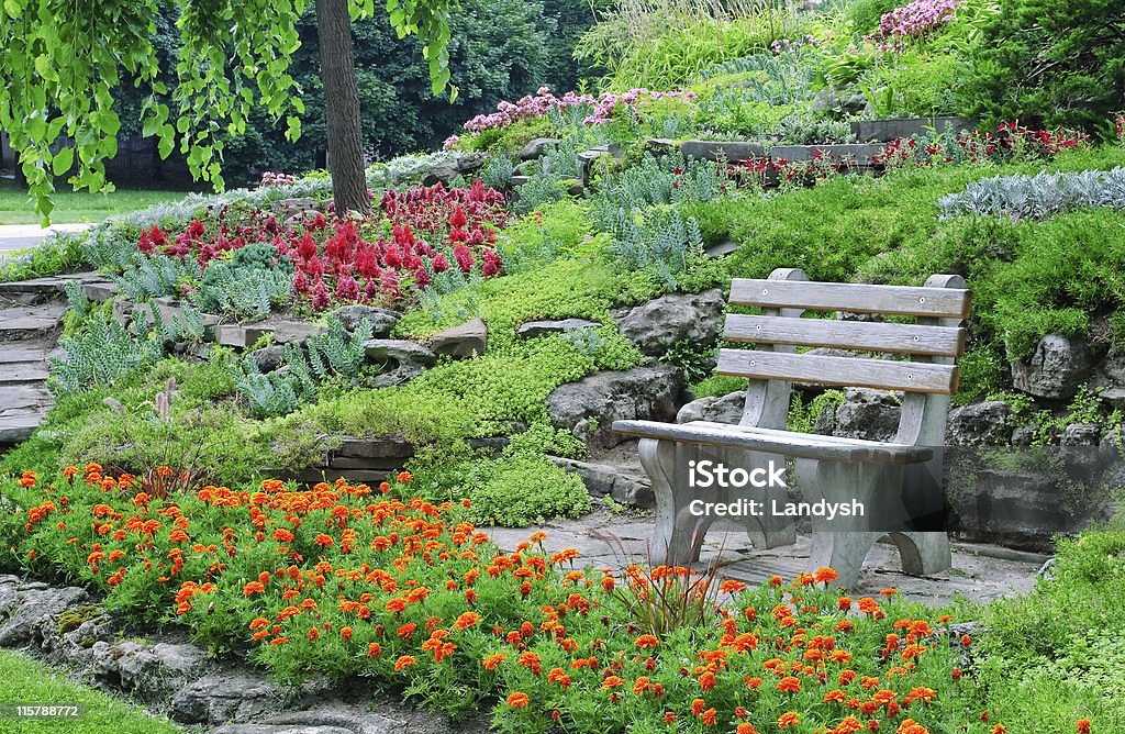 Banco flowerbeds, rodeado de plantas decorativas en un parque de verano - Foto de stock de Banco - Asiento libre de derechos