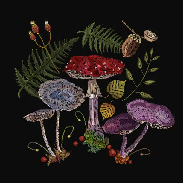 Vector illustration of Embroidery mushrooms. Fashion nature template for clothes, textiles, t-shirt design. Fly agarics, toadstools, forest art