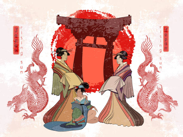 Japan art. Geisha and dragon. Asian culture. Traditional Japanese, red sun, dragons and geisha woman vector art illustration