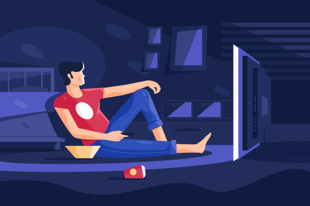 Boy watching movie at home Boy watching movie at home vector illustration. Relaxed man sitting in big room in front of modern television screen at night. Chilling male enjoying cinema evening flat style concept kids watching tv stock illustrations