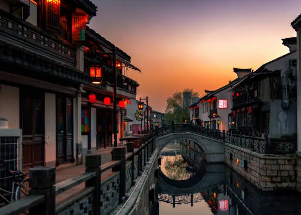 Sun setting in the old streets of Wuxi, China.