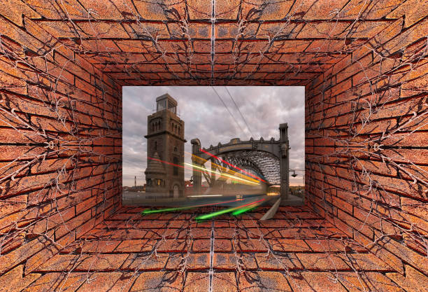 Old tunnel with brick wall and dry ivy entering into famous city river steel crossover entitled as The Peter the Great bridge in Saint - Petersburg with bus tracers on sunset under cloudy sky vista 3d de gradiente caleidoscópica del antiguo túnel con muro de ladrillo e hiedra seca entrando en el famoso cruce de acero del río de la ciudad titulado el puente de pedro el grande en san petersburgo con trazadores de autobuses al atardecer bajo el